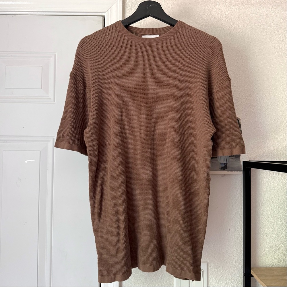 NTH brown waffle thermal knit stretch crew short‎ sleeve oversized tee t-shirt